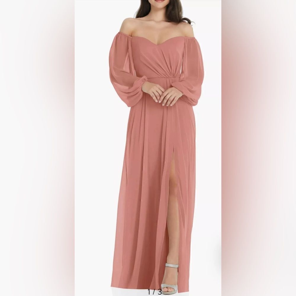 NWT Dessy Collection Convertible Neck Long Sleeve Chiffon Gown Desert Rose